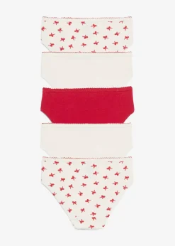 bonprix Mehrfachpacks|Mädchen·Unterwäsche|Slip aus weicher Rippe mit Satin-Schleife (5er Pack) wollweiß+dunkelrot+bedruckt