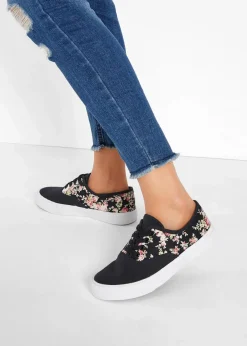 bonprix Sneaker|Schuhe & Accessoires In Spezialgrößen·Schuhe In Übergröße|Sneaker aus Baumwoll-Canvas schwarz geblümt