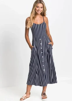 bonprix Kleider|Nachhaltigere Materialien|Sommerliches Jerseykleid mit Knopfleiste und Streifen dunkelblau/weiß gestreift