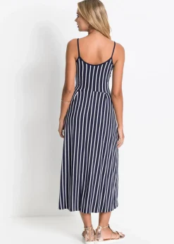 bonprix Kleider|Nachhaltigere Materialien|Sommerliches Jerseykleid mit Knopfleiste und Streifen dunkelblau/weiß gestreift