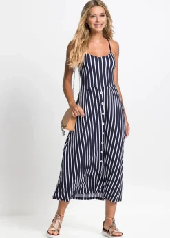 bonprix Kleider|Nachhaltigere Materialien|Sommerliches Jerseykleid mit Knopfleiste und Streifen dunkelblau/weiß gestreift