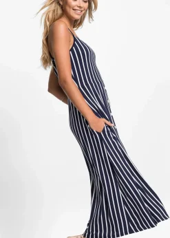 bonprix Kleider|Nachhaltigere Materialien|Sommerliches Jerseykleid mit Knopfleiste und Streifen dunkelblau/weiß gestreift