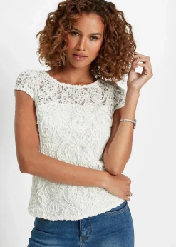 bonprix Bekleidung·Jacken & Mäntel|Blusen & Tuniken|Spitzen-Blusenshirt wollweiß