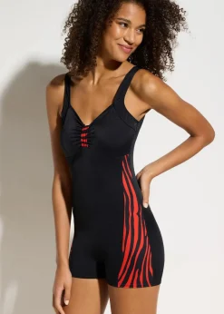 bonprix Nachhaltigere Materialien|Bedeckende Bademode|Sport-Badeanzug mit Bein schwarz/rot