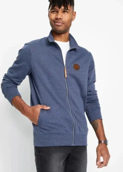 bonprix Sweat|Stehkragen-Sweatjacke mit Lederimitat-Details dunkelblau meliert
