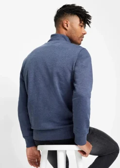 bonprix Sweat|Stehkragen-Sweatjacke mit Lederimitat-Details dunkelblau meliert