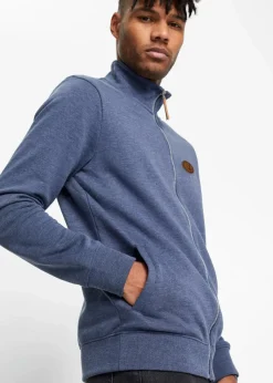 bonprix Sweat|Stehkragen-Sweatjacke mit Lederimitat-Details dunkelblau meliert