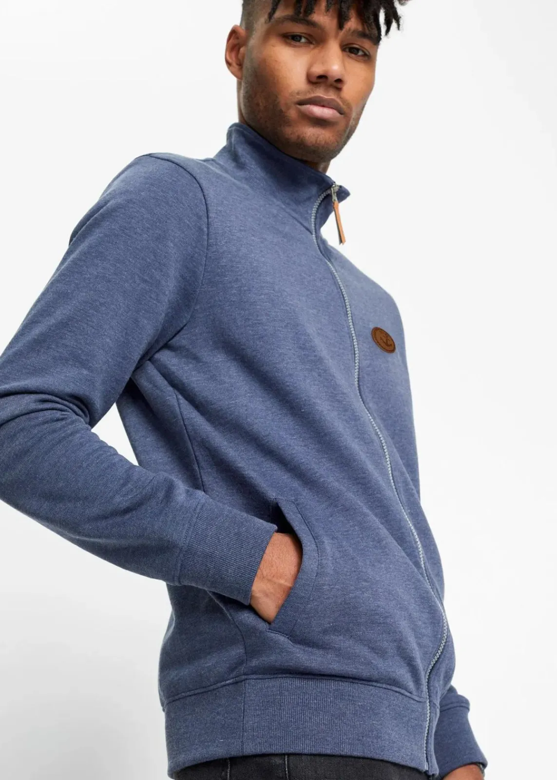 bonprix Sweat|Stehkragen-Sweatjacke mit Lederimitat-Details dunkelblau meliert