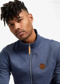 bonprix Sweat|Stehkragen-Sweatjacke mit Lederimitat-Details dunkelblau meliert