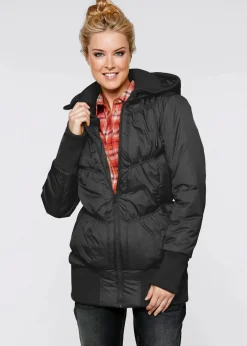 bonprix Bekleidung·Hosen|Jacken & Mäntel|Steppjacke mit breitem Komfortbund und Kapuze schwarz