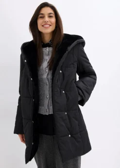 bonprix Bekleidung·Hosen|Nachhaltigere Materialien|Steppjacke mit Fellimitatbesatz schwarz