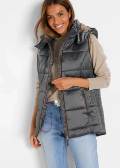 bonprix Bekleidung·Hosen|Jacken & Mäntel|Steppweste mit abnehmbarer Kapuze rauchgrau