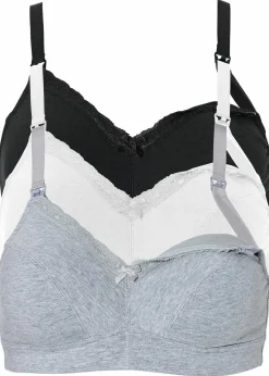 bonprix Große Cups D-H|Umstandsmode|Still BH ohne Bügel (3er Pack) mit Bio-Baumwolle schwarz + weiß + grau meliert