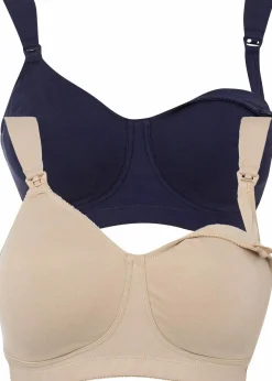 bonprix Umstandsmode|Nachhaltigere Materialien|Still BH ohne Bügel mit Bio-Baumwolle (2er Pack) dunkelblau + kreidebeige