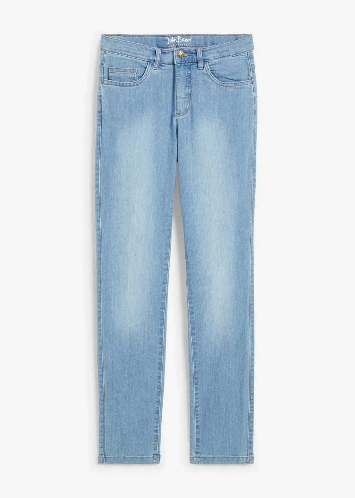 bonprix Jeans|Kurzgrößen|Straight Jeans Mid Waist, Stretch hellblau used