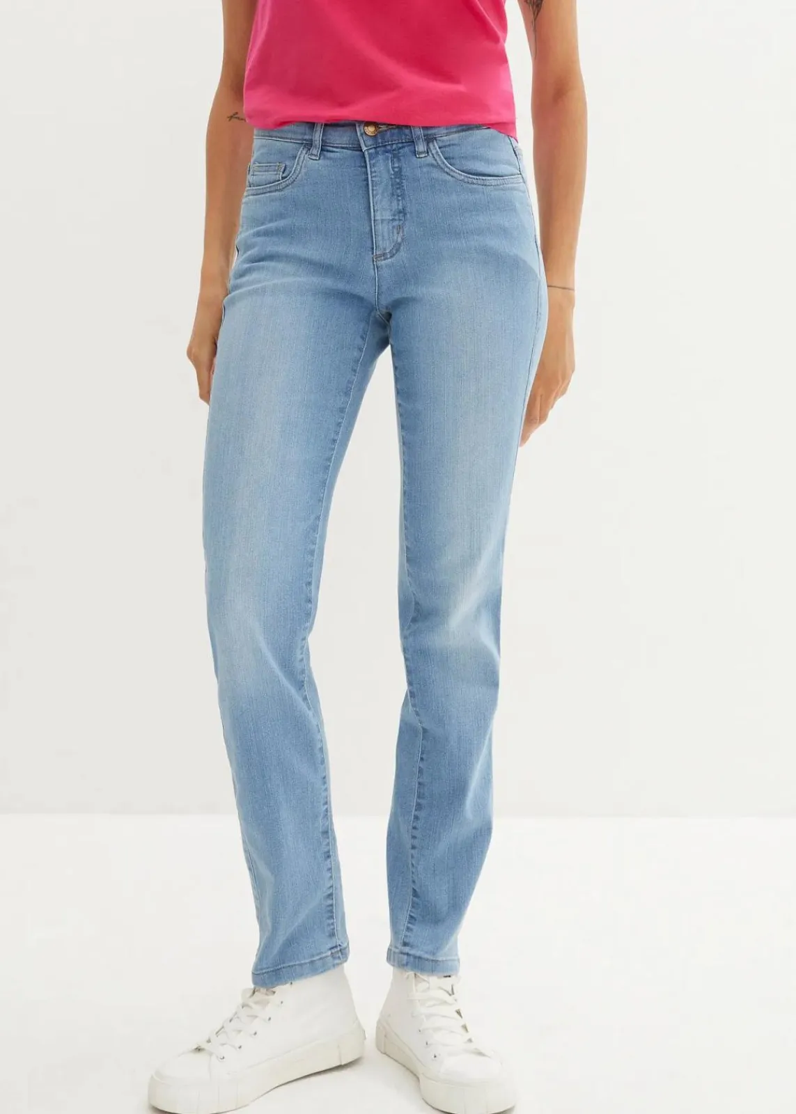 bonprix Jeans|Kurzgrößen|Straight Jeans Mid Waist, Stretch hellblau used