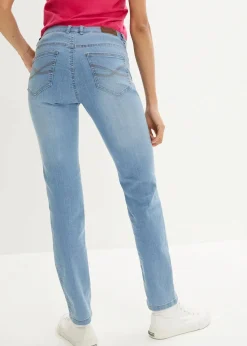 bonprix Jeans|Kurzgrößen|Straight Jeans Mid Waist, Stretch hellblau used