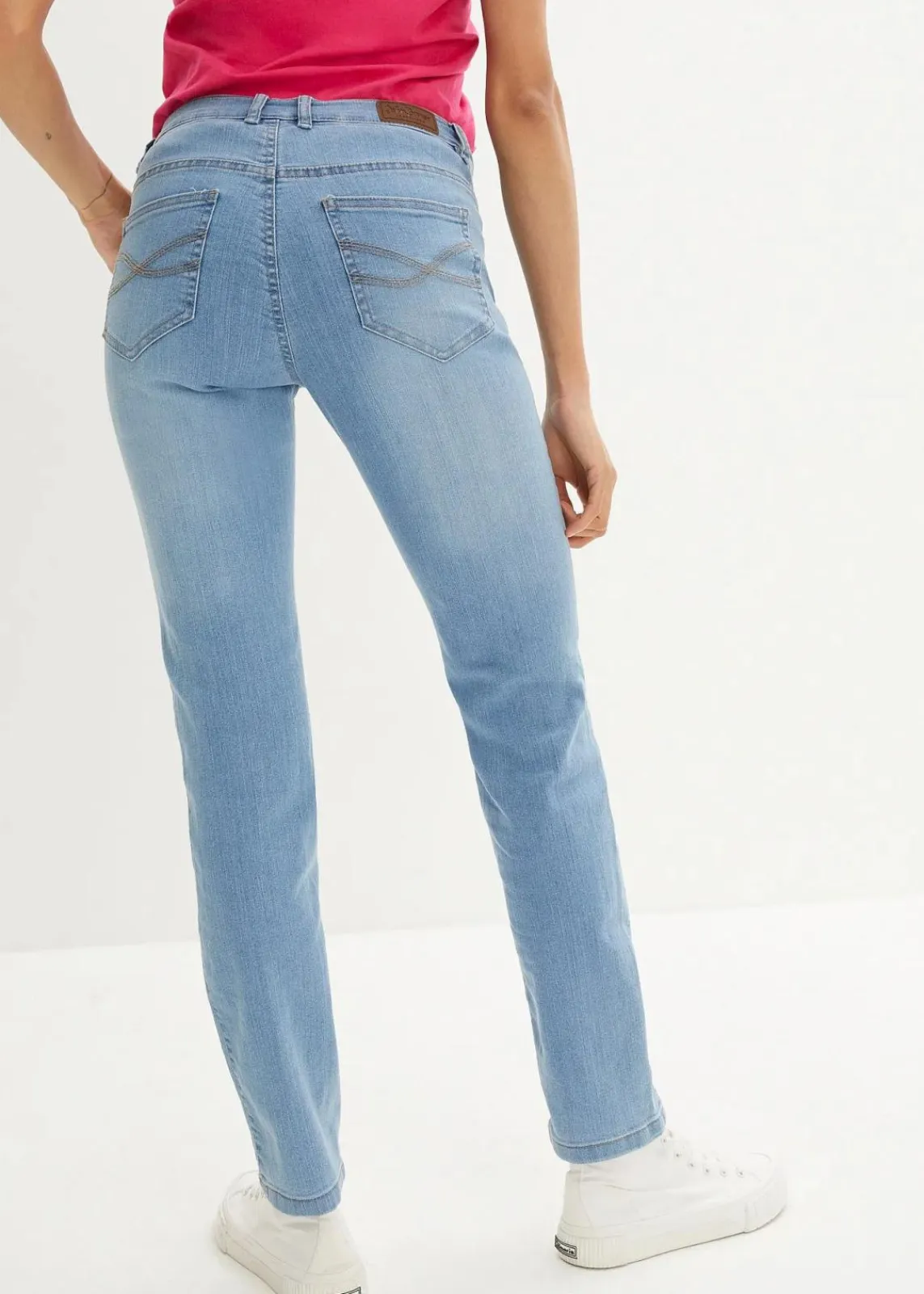 bonprix Jeans|Kurzgrößen|Straight Jeans Mid Waist, Stretch hellblau used