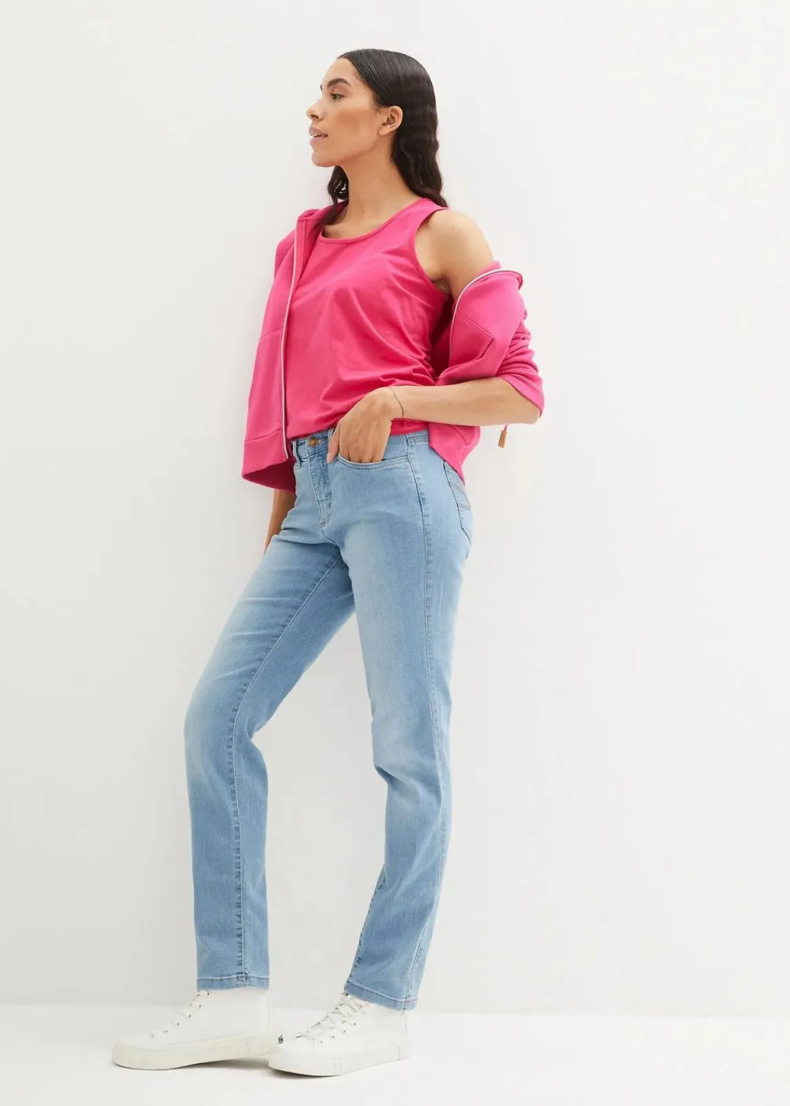 bonprix Jeans|Kurzgrößen|Straight Jeans Mid Waist, Stretch hellblau used