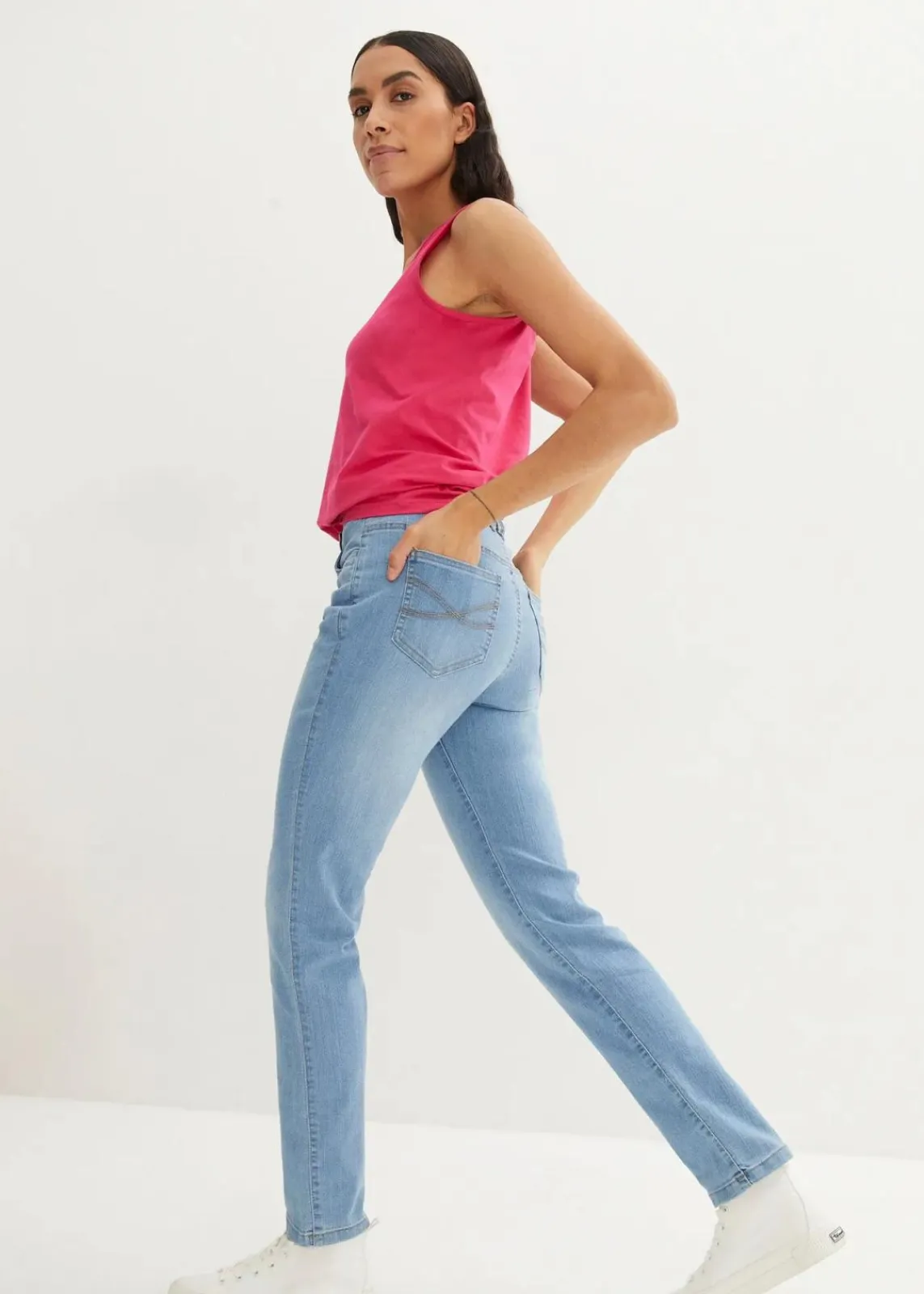 bonprix Jeans|Kurzgrößen|Straight Jeans Mid Waist, Stretch hellblau used