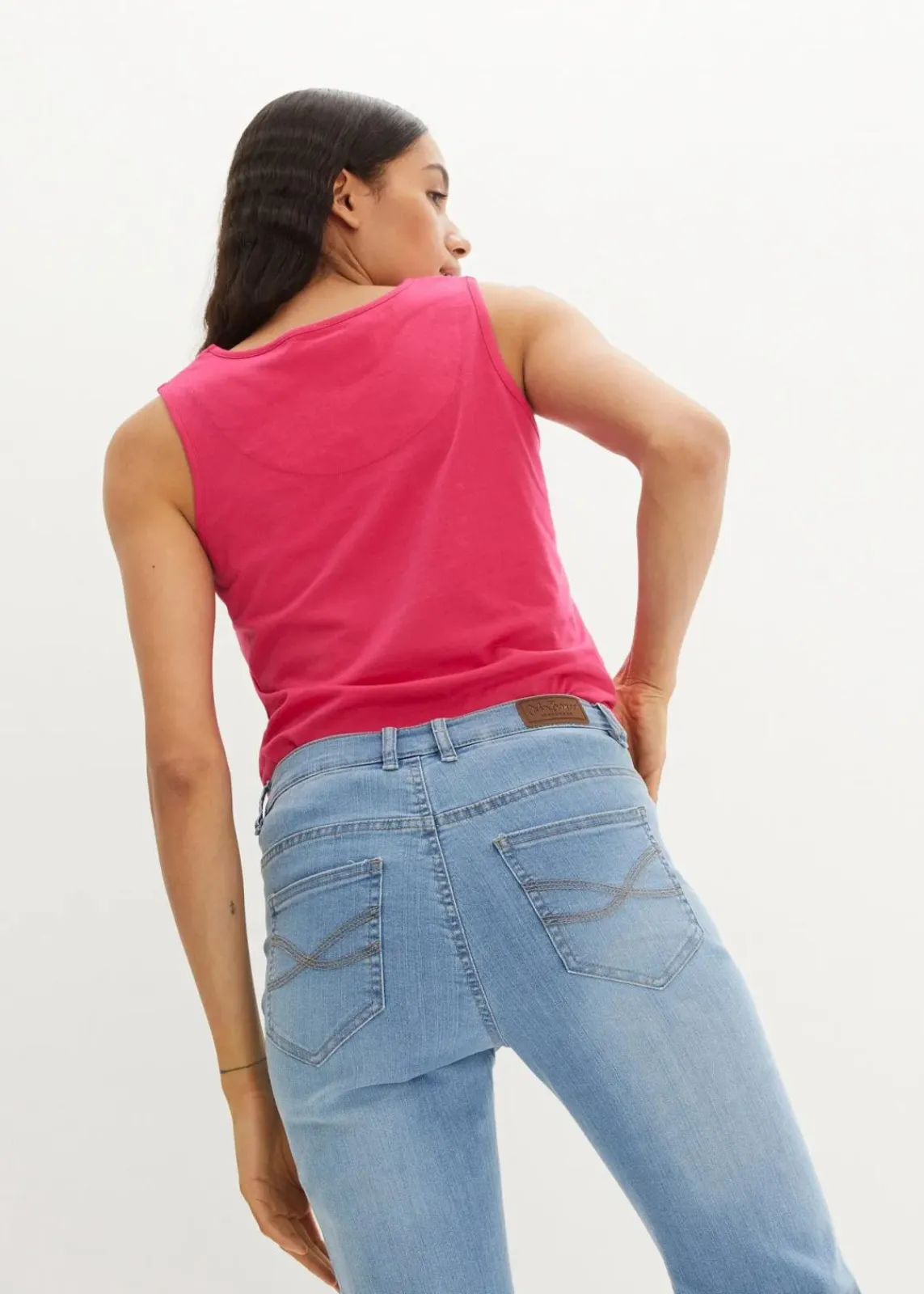 bonprix Jeans|Kurzgrößen|Straight Jeans Mid Waist, Stretch hellblau used