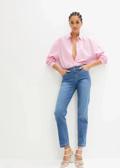 bonprix Jeans|Kurzgrößen|Straight Jeans Mid Waist, Stretch mittelblau denim used