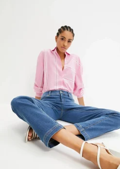 bonprix Jeans|Kurzgrößen|Straight Jeans Mid Waist, Stretch mittelblau denim used