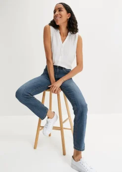bonprix Jeans|Kurzgrößen|Straight Jeans Mid Waist, Stretch dunkelblau used