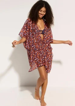 bonprix Strandmode|Bademode·Strandmode|Strandkimono mit Bindedetail lila/hellbraun leo bedruckt