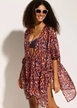 bonprix Strandmode|Bademode·Strandmode|Strandkimono mit Bindedetail lila/hellbraun leo bedruckt