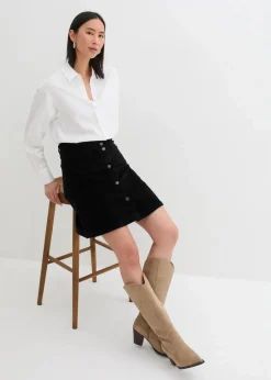bonprix Bekleidung·Sportbekleidung|Röcke|Stretch-Cordrock mit Knopfleiste schwarz