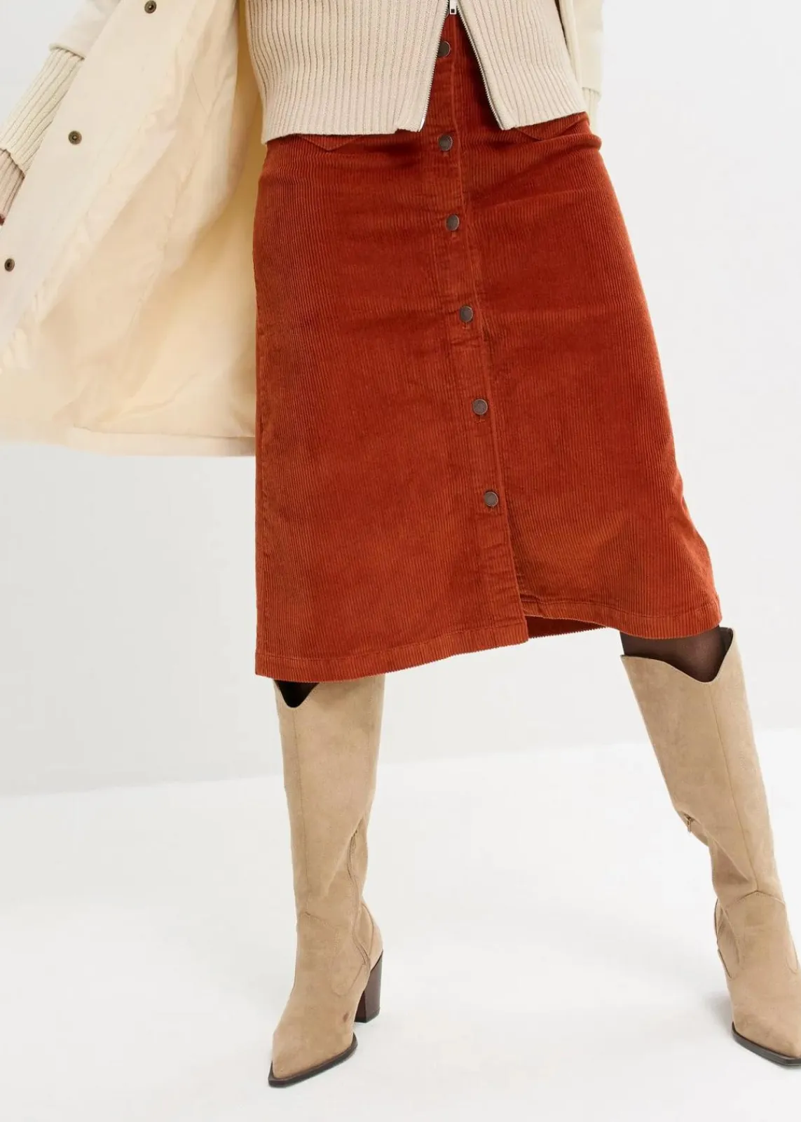 Stretch-Cordrock mit Knopfleiste, Midi-Länge|bonprix Online