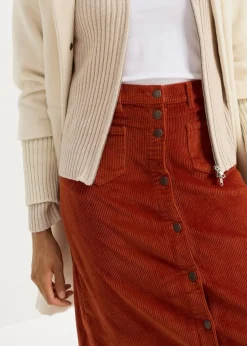 Stretch-Cordrock mit Knopfleiste, Midi-Länge|bonprix Online