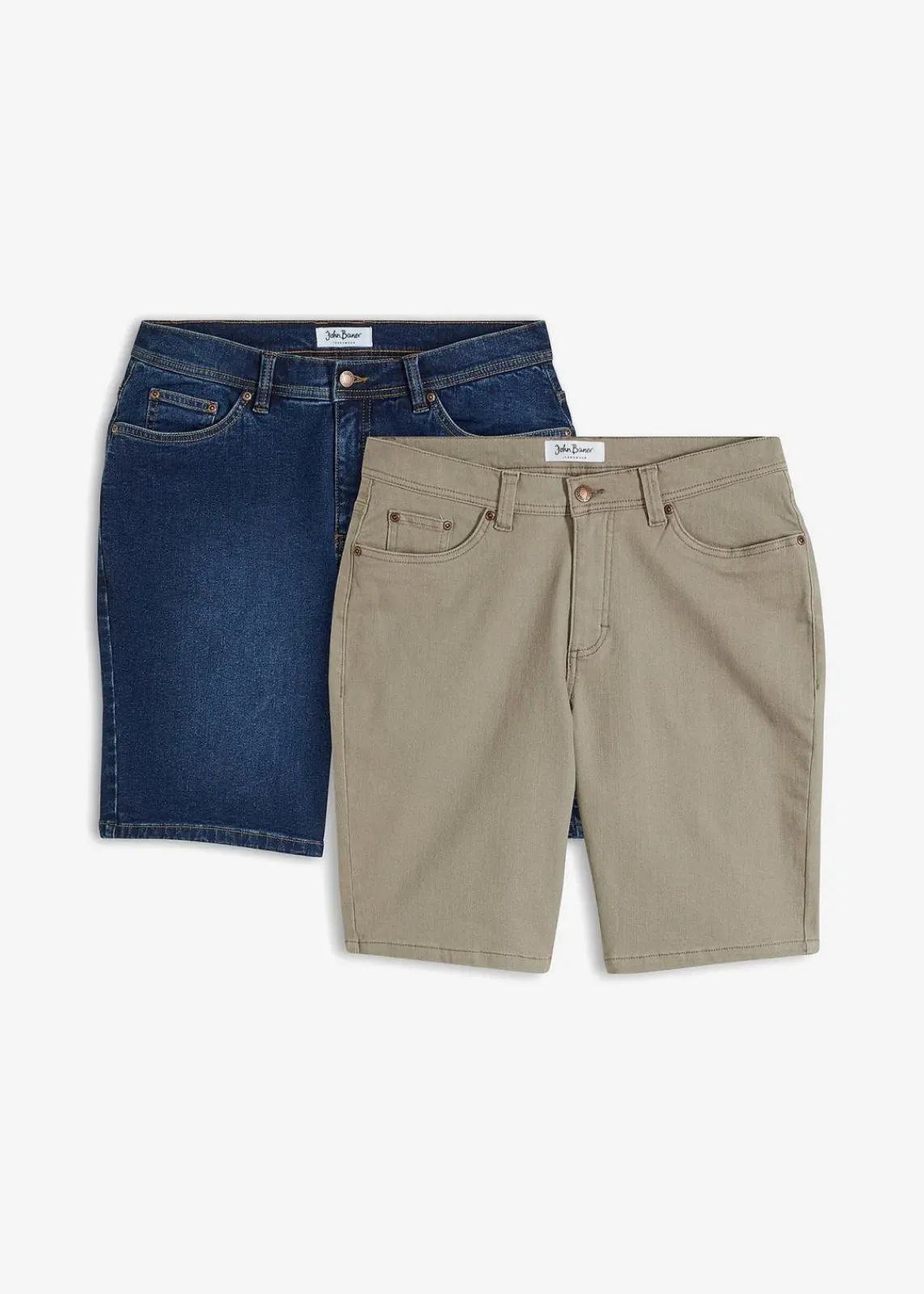bonprix Jeans|Shorts|Stretch-Jeans-Bermuda, Regular Fit (2er Pack) blau denim+taupe twill