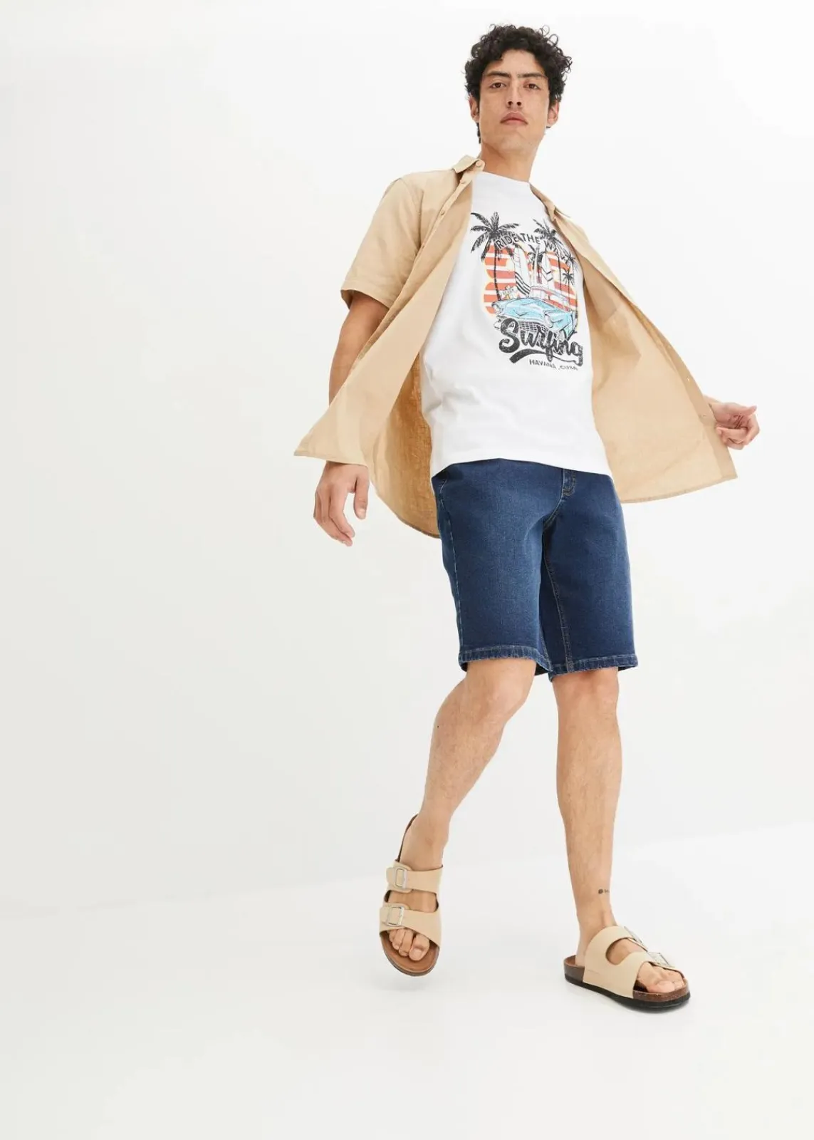 bonprix Jeans|Shorts|Stretch-Jeans-Bermuda, Regular Fit (2er Pack) blau denim+taupe twill