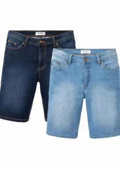 bonprix Shorts|Jeans|Stretch-Jeans-Bermuda, Regular Fit (2er Pack) mittelblau denim + dunkelblau denim