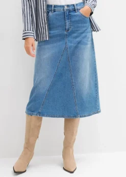 bonprix Röcke|Bekleidung·Sportbekleidung|Stretch-Jeansrock, High Waist mittelblau denim used