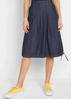 bonprix Bekleidung·Sportbekleidung|Röcke|Stretch-Jeansrock mit Biesen, Bindeband und Bequembund dunkelblau denim