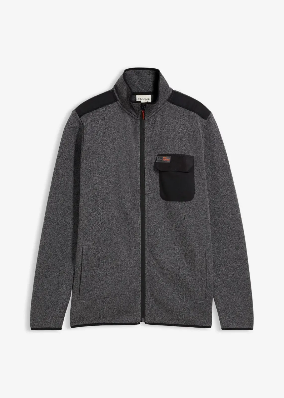 bonprix Große Größen|Outdoorbekleidung|Strickfleecejacke mit praktischen Taschen und sportiven Details grau meliert/schwarz