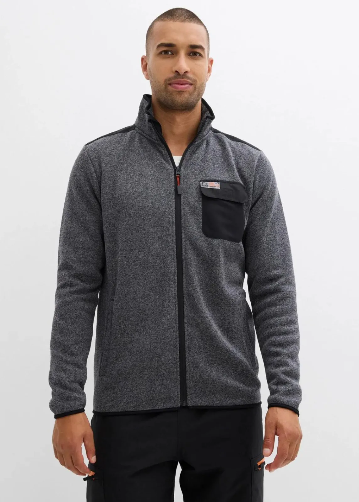 bonprix Große Größen|Outdoorbekleidung|Strickfleecejacke mit praktischen Taschen und sportiven Details grau meliert/schwarz