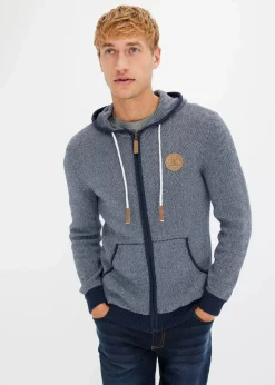 bonprix Große Größen|Pullover & Strickjacken|Strickjacke mit Kapuze aus reiner Baumwolle dunkelblau meliert