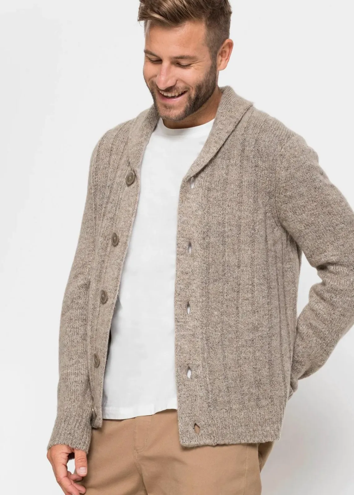 bonprix Pullover & Strickjacken|Große Größen|Strickjacke mit Rippenmuster sand meliert