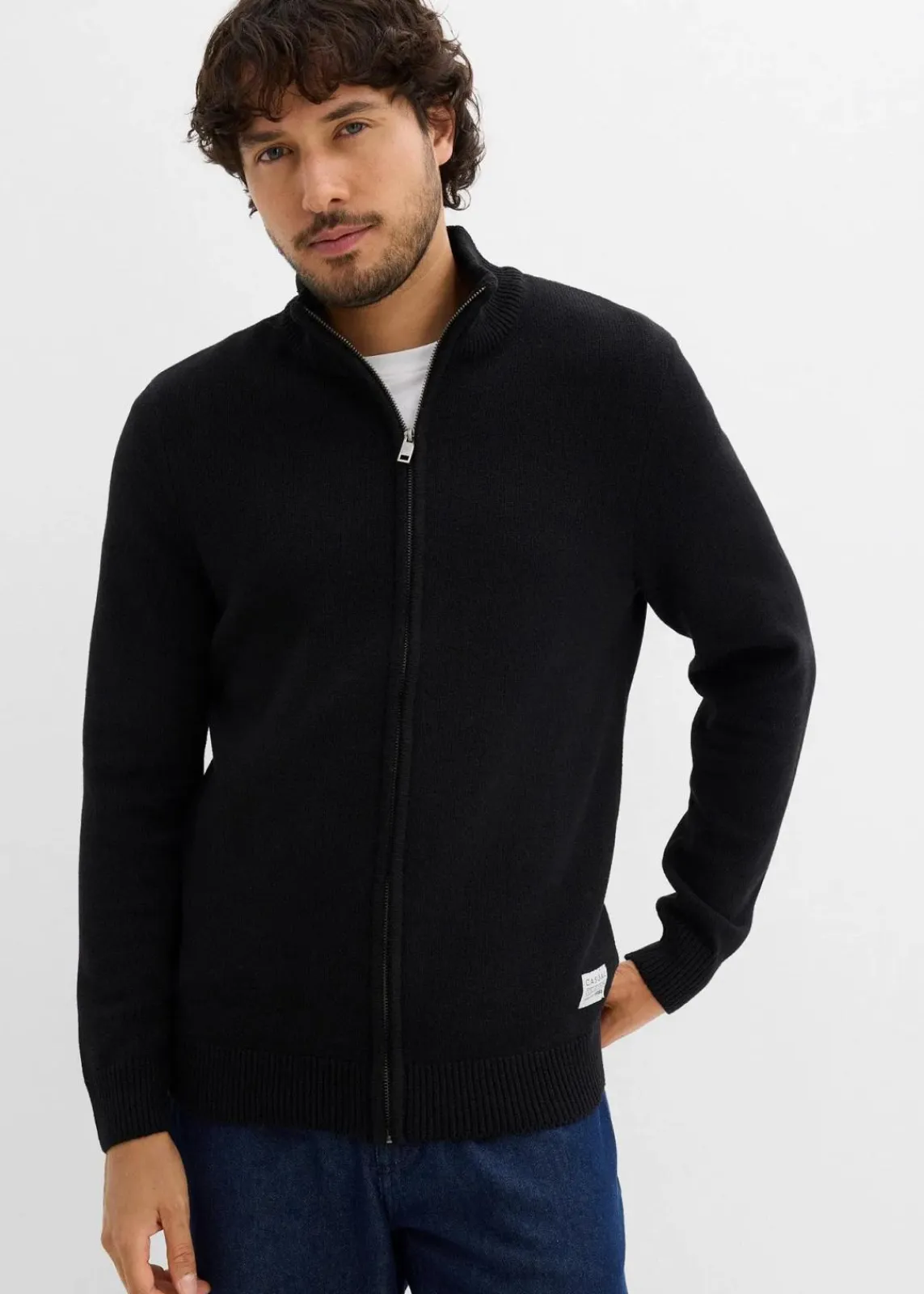 bonprix Pullover & Strickjacken|Basics|Strickjacke mit Stehkragen und recycelter Baumwolle schwarz