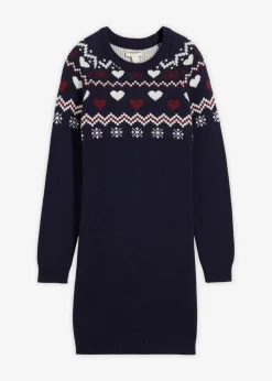 bonprix Mädchen 9-16 Jahre·Kleider & Jumpsuits|Strickkleid dunkelblau/wollweiß/ahornrot norwegermuster