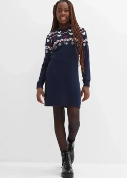 bonprix Mädchen 9-16 Jahre·Kleider & Jumpsuits|Strickkleid dunkelblau/wollweiß/ahornrot norwegermuster