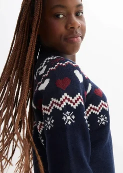 bonprix Mädchen 9-16 Jahre·Kleider & Jumpsuits|Strickkleid dunkelblau/wollweiß/ahornrot norwegermuster