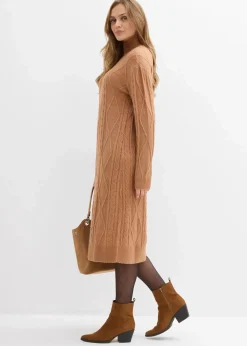 bonprix Bekleidung·Umstandsmode|Bekleidung·Pullover & Strickjacken|Strickkleid aus Zopfstrick schokosorbet meliert