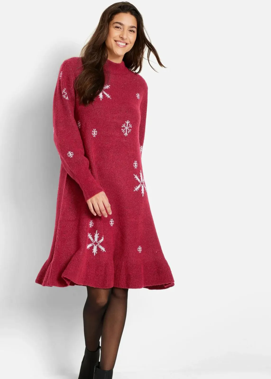 bonprix Bekleidung·Umstandsmode|Strickmode|Strickkleid mit Schneeflocken-Print abendrot
