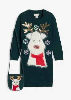 bonprix Mädchen 2-8 Jahre·Kleider & Röcke|Strickkleid mit Tasche (2-tlg.Set) tiefgrün