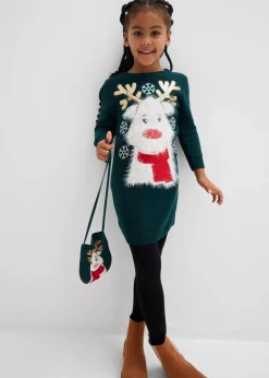 bonprix Mädchen 2-8 Jahre·Kleider & Röcke|Strickkleid mit Tasche (2-tlg.Set) tiefgrün